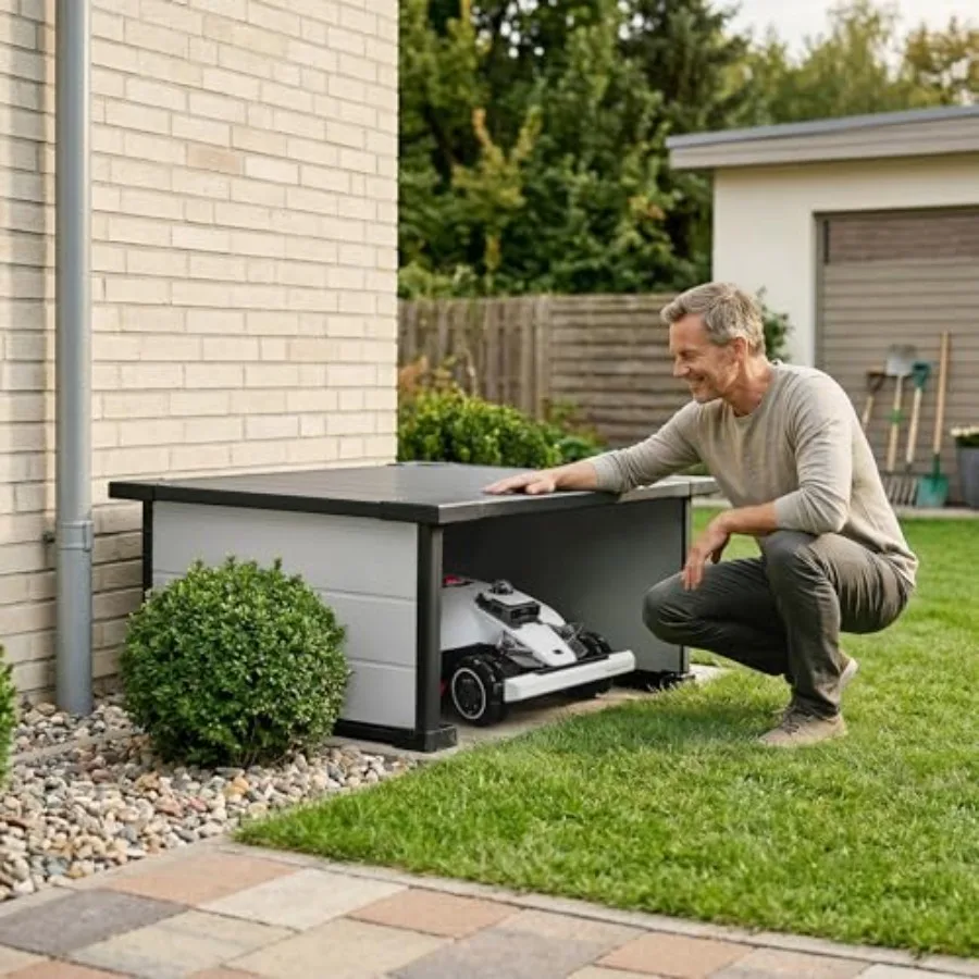 Weatherproof Robot Lawn Mower Garage for Charging Stations: Durable Polyethylene, Gray, UV-Resistant Ventilated Design