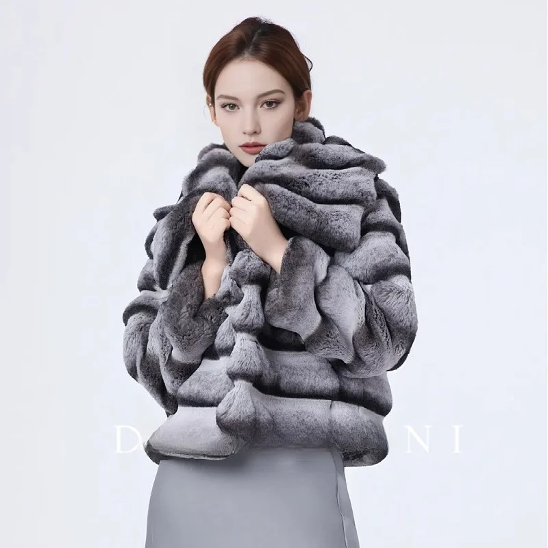 A trendy short women's lapel fur coat with blend of and