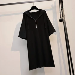 Plus Size 5XL 150kg Summer Casual Short Sleeve Hooded Dress Women V Neck Loose Waist Dress Oversized Female Vestido