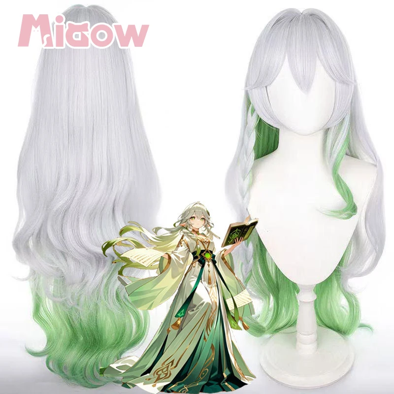 Game Genshin Greater Lord Rukkhadevata Cosplay Wig Silver Green Gradient Long Wavy Braid Wig for Halloween Cosplay Party