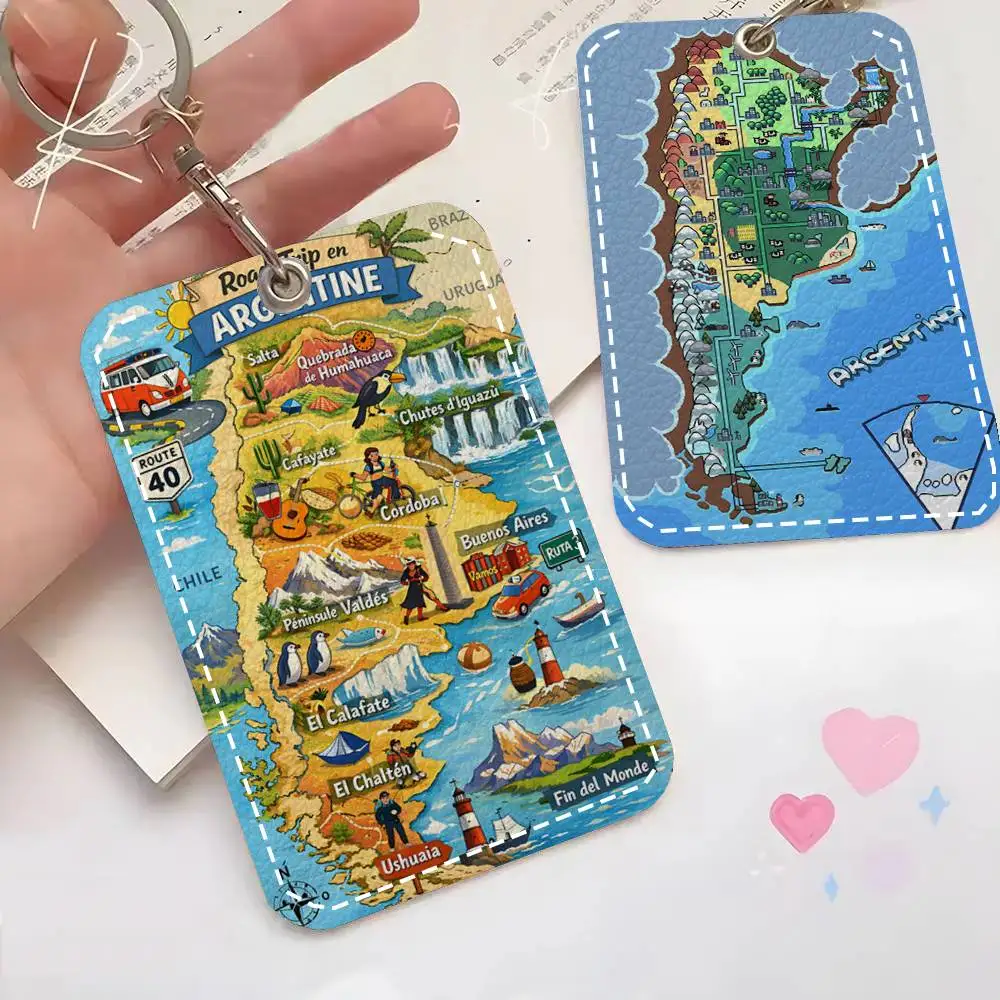 1pc Argentina Map Design Card Case Keychain Access Card Bag Key Tag Ring Leather Card Holder Key Ring Access