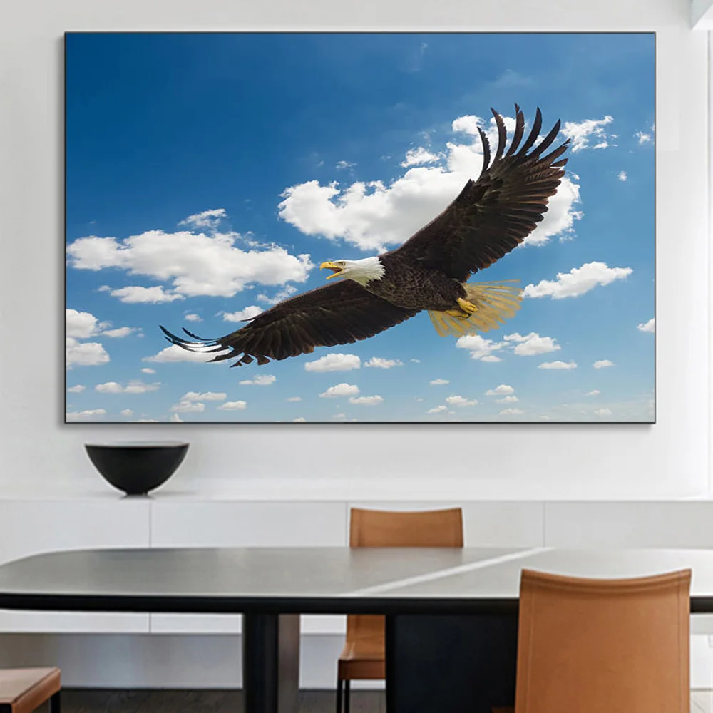 Eagle flying in the blue sky canvas print, wall poster art mural, hallway entrance, dorm, bedroom, home decor, unframed