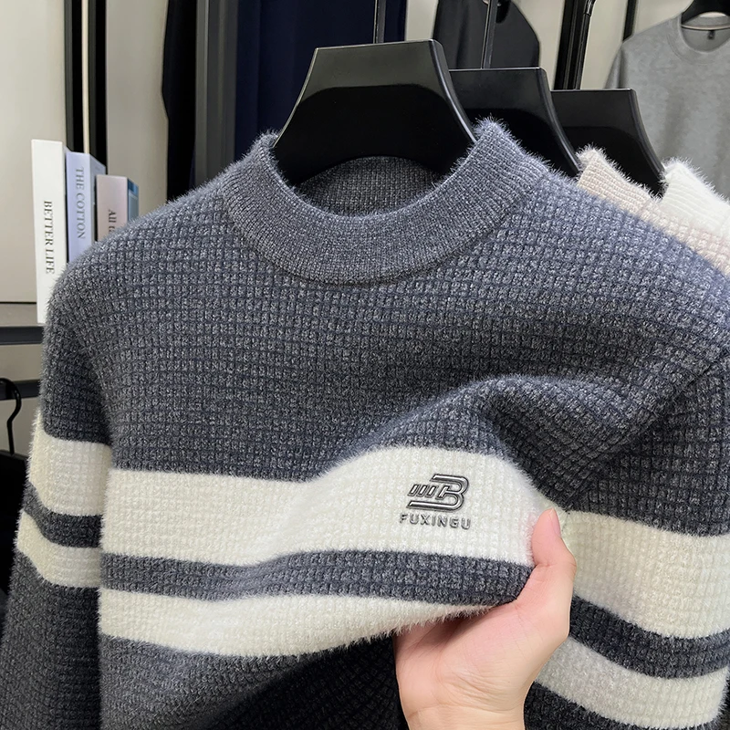 

High end brand fashion striped men's sweater luxury letter embossed new youth casual warm comfort knitted round neck pullover