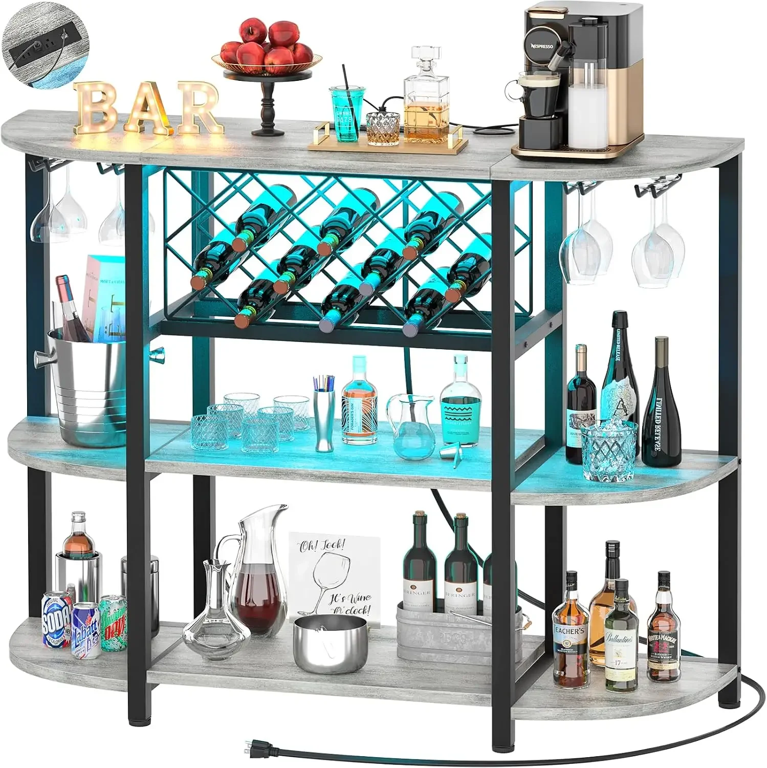 4-Tier Metal Coffee Bar Cabinet with Outlet and LED Light, Freestanding Floor Table for Liquor Glass Holder Wine Rack Storage, B