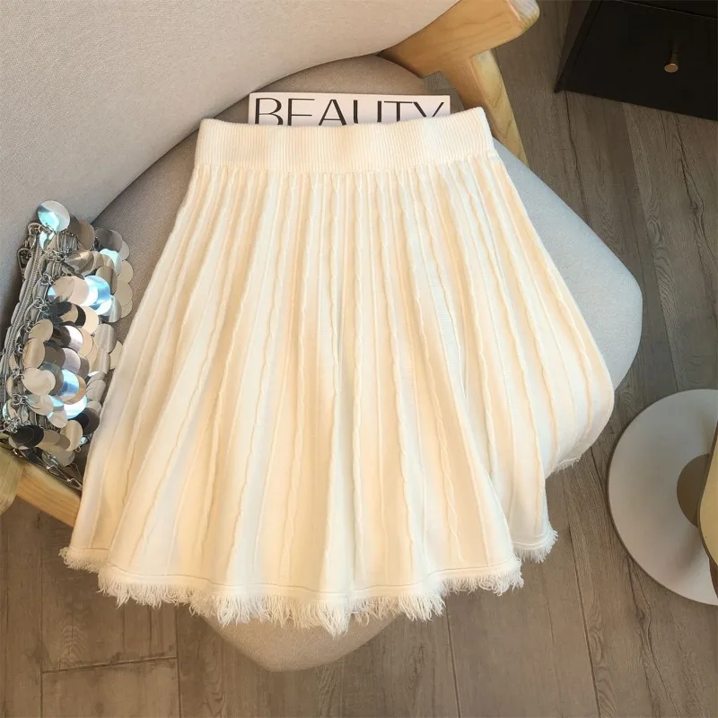 

Knitted Pleated Skirt Women Tassel Rough Edge High-waisted Mini Skirt Korean Gray White Autumn and Winter Knitwear Short Skirt