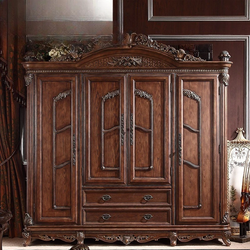 Solid Wood Carved Four-door Wardrobe, Bedroom Four-door Wardrobe, European Style