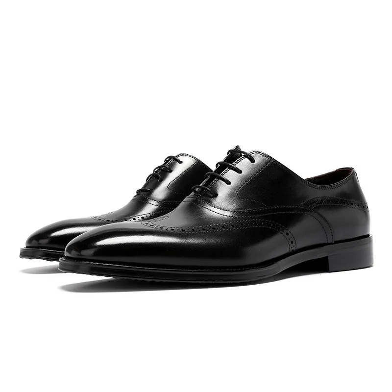 Genuine Leather Mens Brogue Oxford Shoes Fashion Pointed Toe British Style Carved Breathable Formal Business Dress Shoes