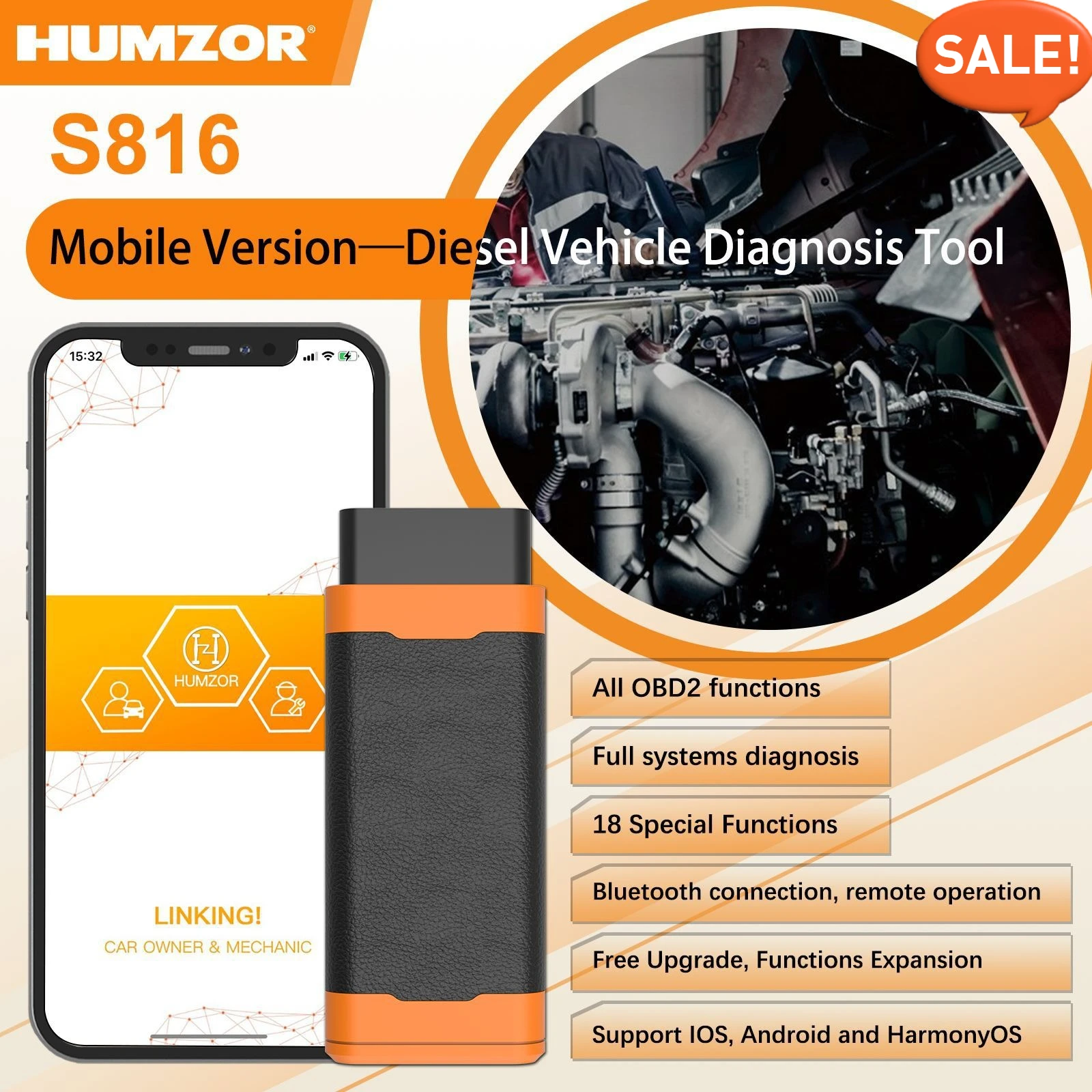 

S816 Мобильный дизельный диагностический инструмент — полный системный сканер OBD2 для грузовых автомобилей/автобусов, многоязычный