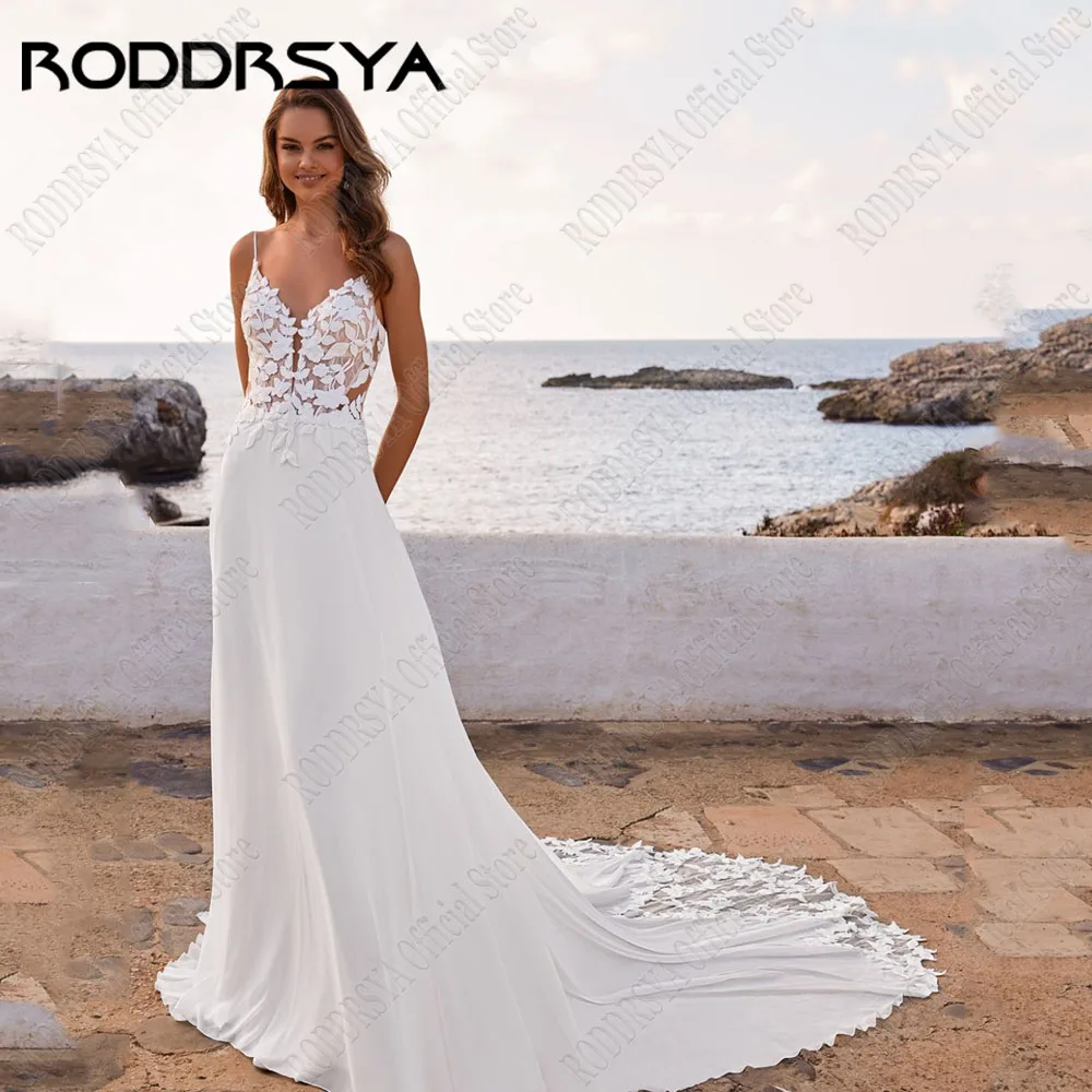 

RODDRSYA Chiffon Boho A Line Wedding Dress Women Spaghetti Straps Bride Gowns V Neck Lace Up Applique Backless Bridal Dresses