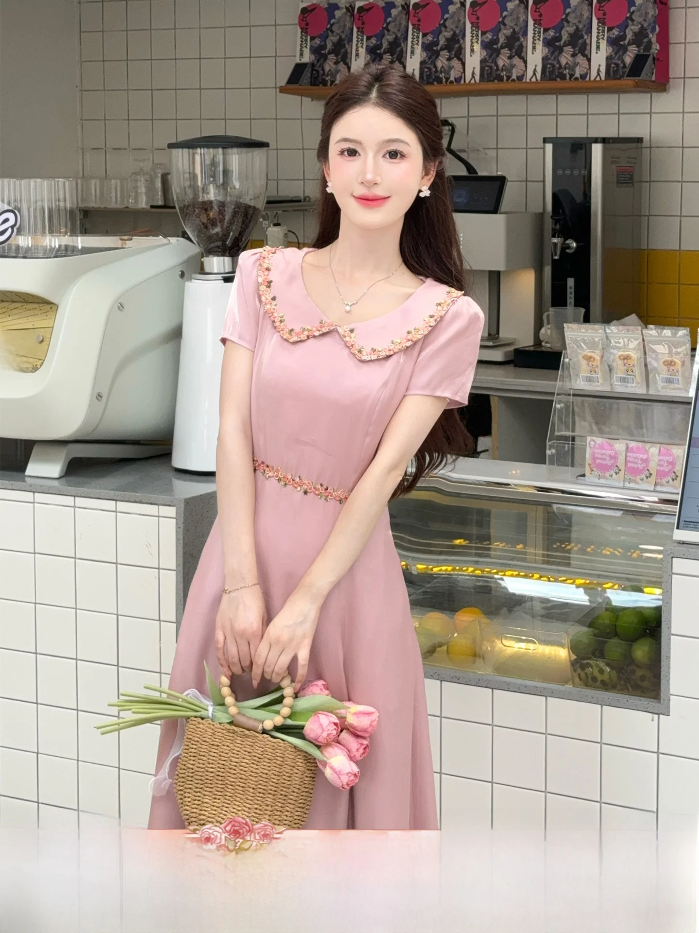 

Lili Sweet High-End Feeling Long Dress Pink Satin Gown Summer Fashionable Women's Dress High Waist Short Sleeve Soft Viscose