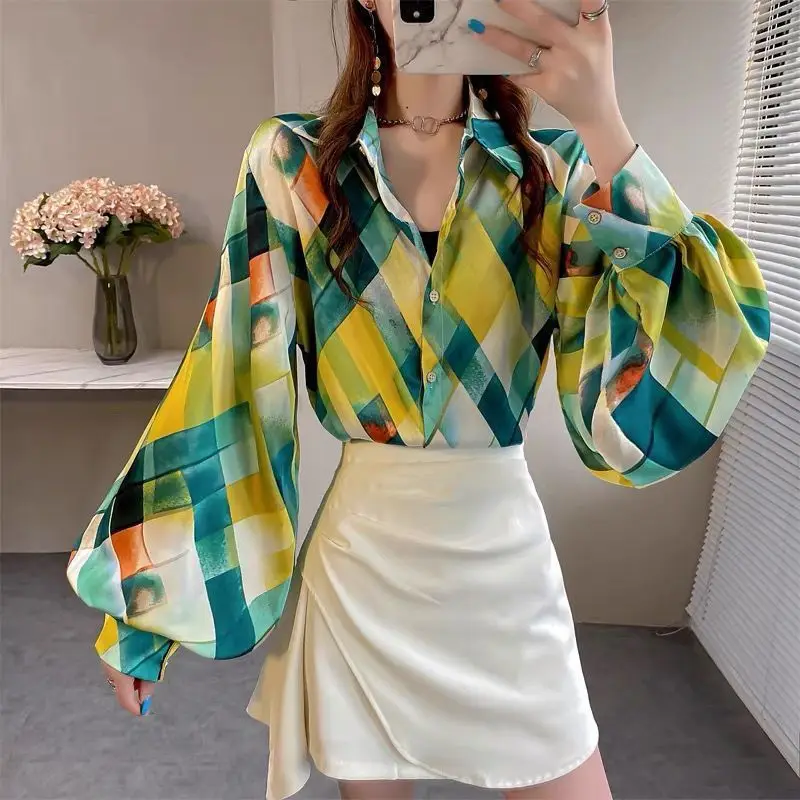 Women\'s Summer New Blouses Fashion Chic Printed Plaid Polo Collar Loose Original Design Lantern Sleeves Single-breasted Shirts