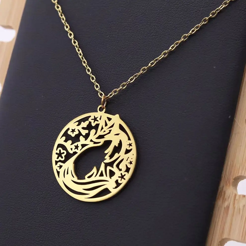 Chandler Stainless Steel Hollow Fox Necklace Jewelry Mythical Beast Round Pendant Necklaces for Women Men Birthday Gifts