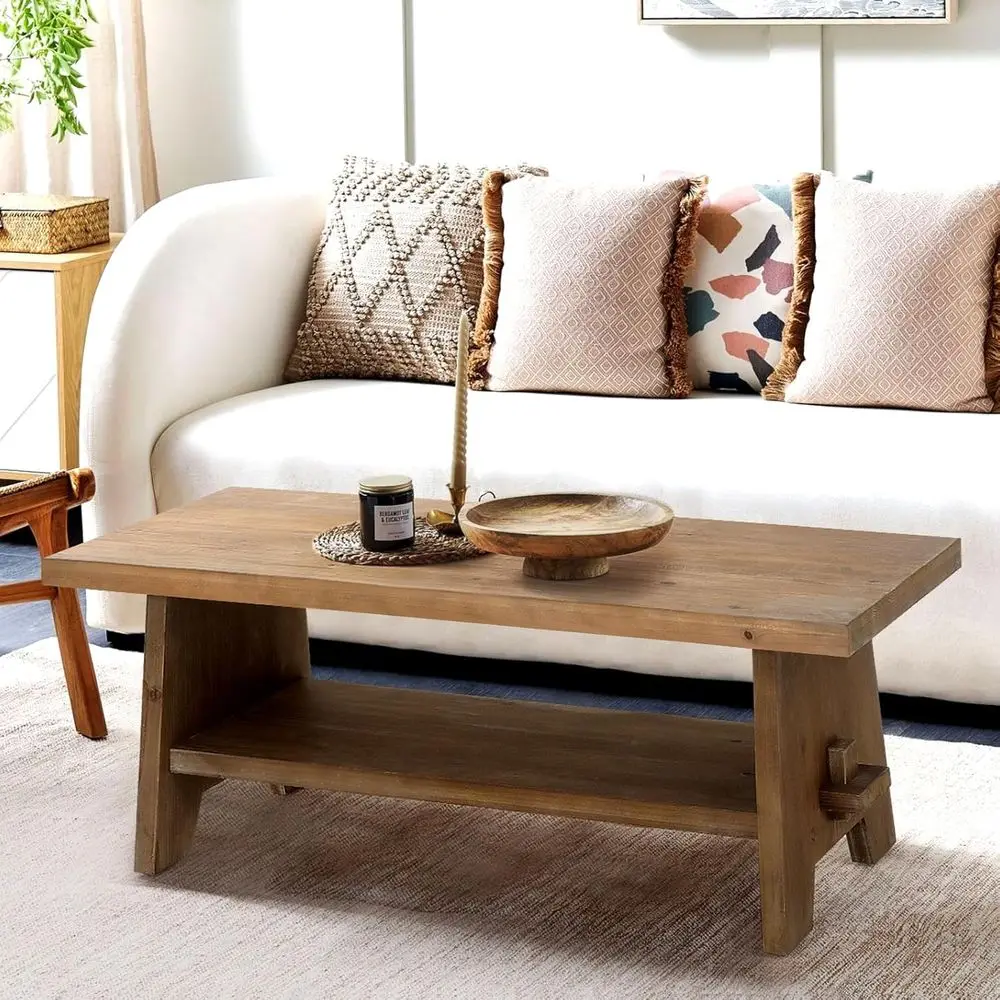 armhouse Wood Coee Table,43.4” RecTable or Living Room | Solid irwood Tabletop, Brown, with Storage Shel, Wooden Center Table or