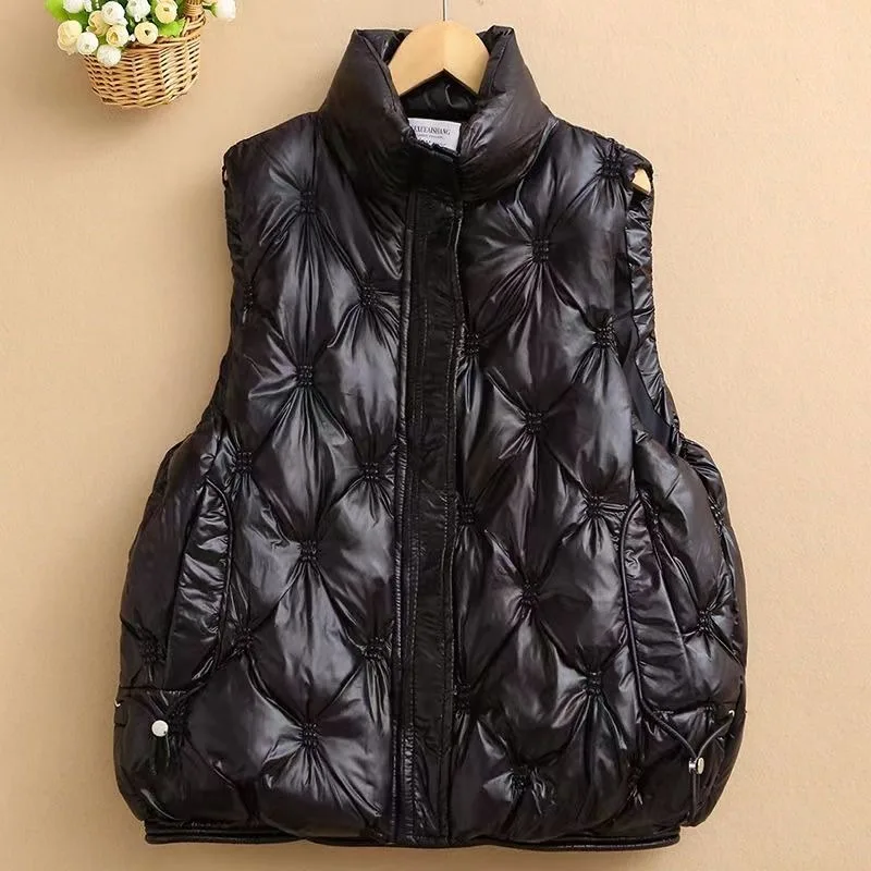 Chaleco de algodón para mujer, chaleco holgado con cuello levantado, acabado brillante, ropa de abrigo sin mangas sin lavado, chaleco cómodo y cálido para mujer