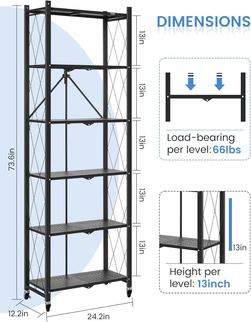 Estantería plegable de 73,6 pulgadas, estantería de Metal de 6 niveles, estantes altos para sala de estar, oficina y dormitorio, resistente