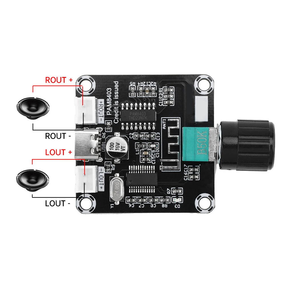 

Mini PAM8403 DC5V XH-A159 BT Digital Amplifier Board with Adjustable Volume Amplifier Module 5W+5W Type-C