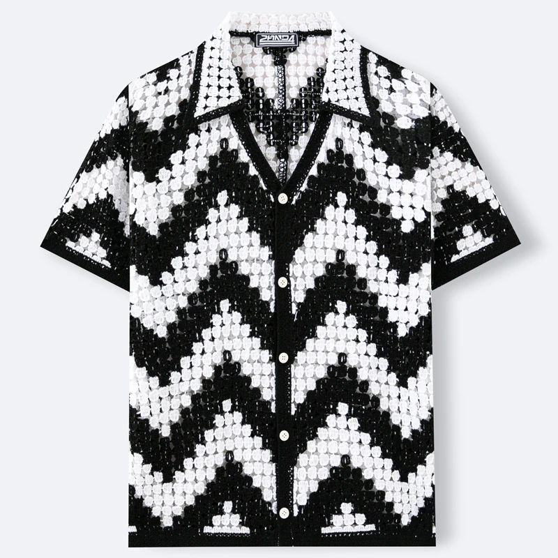 Black White Wave Crochet Short Sleeve Polo Shirts Men V-neck Lapel Cardigan Tops Mens Fashion Knit Shirt Male Streetwear SY0231