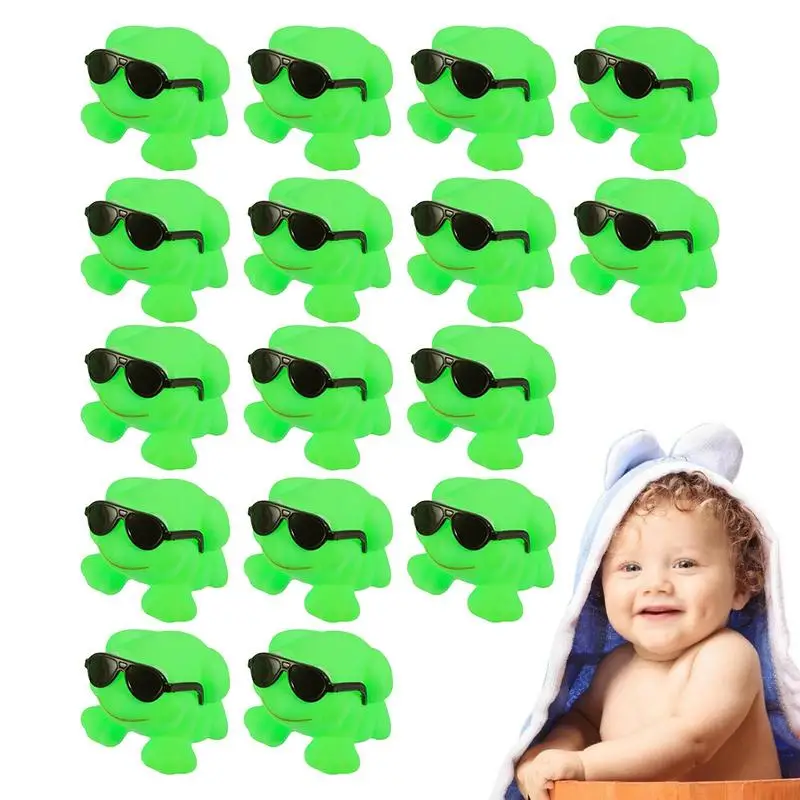 Frog Bath Toy 16pcs Small Green Floating Frog Toys Sunglasses Design Rubber Bathing Squeak Toys Sound Swim Tub Toy For Beach