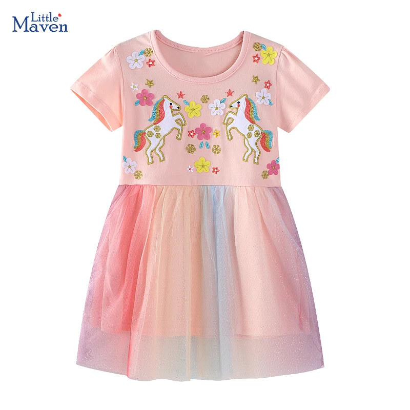 

Little maven Baby Girls Children's Clothing 2025 Summer Embroidered Cartoon Casual Flowers Unicorns Mesh Dresses Kids Clothes