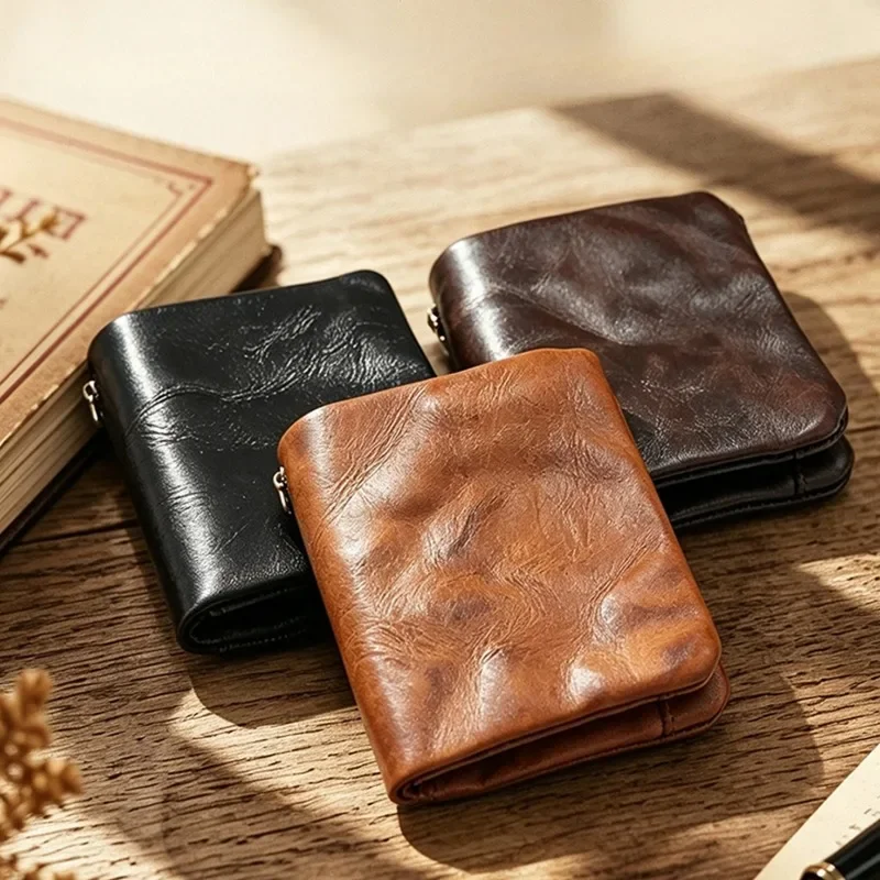 Retro Vegetable Tanned Genuine Leather Mens Bifold Wallet with Zipper Coin Pocket Men's Snap Button Closure Short Wallet Simple
