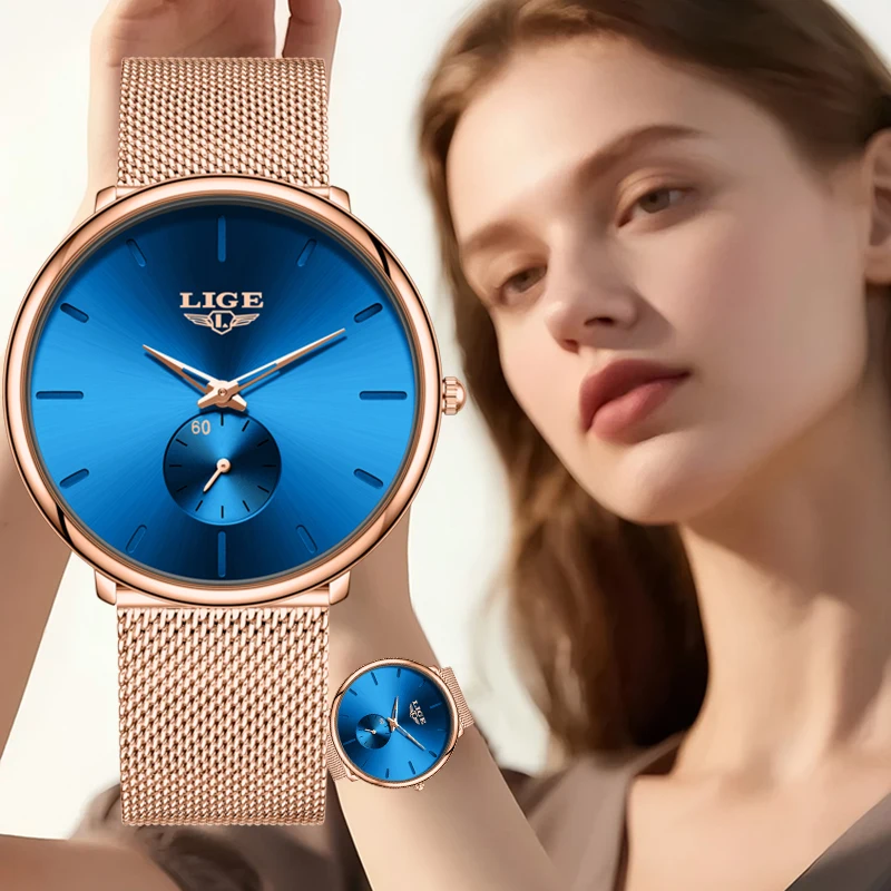 

2026 Новые женские часы LIGE, лучший бренд, роскошные кварцевые часы из розового золота с ультратонкой сеткой для женщин, элегантные водонепроницаемые женские наручные часы