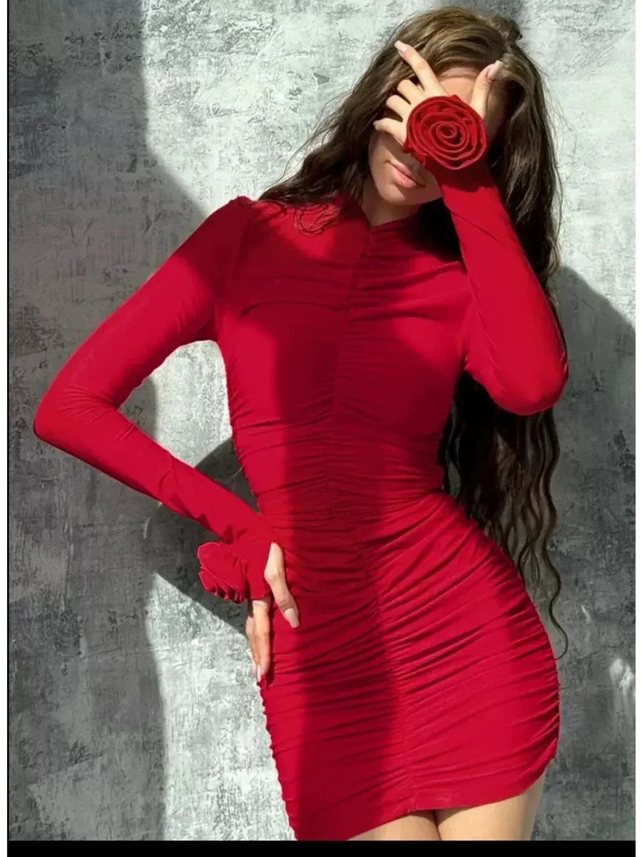 

Women's Trendy Fitted Red Rose Solid Long Sleeve Mini Dress Women's Fashion Fitted Bandage Dress