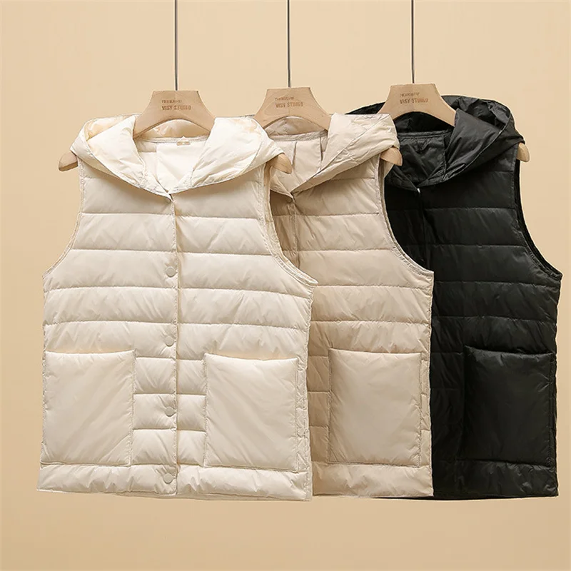 Outono inverno com capuz para baixo colete jaqueta feminina ultra leve pato branco para baixo colete casaco feminino quente sem mangas curto tanque parkas