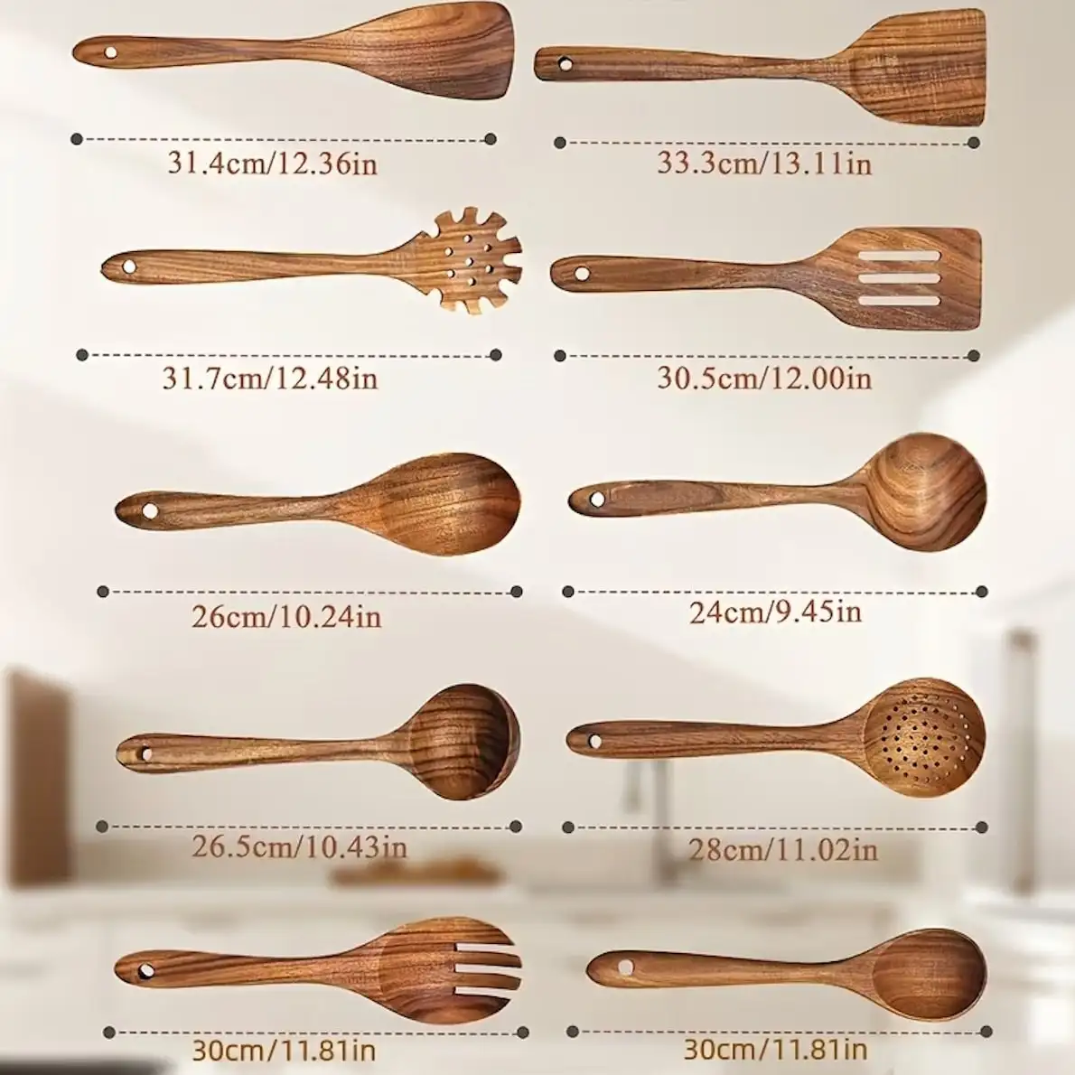 Wooden Kitchen Utensils Set Rustic Farmhouse Dark Natural Teak Wood Spatula 10 Piece Set Non Stick Cooking Spoons Heat Resistant Utensils Set For Kitchen Cooking Baking Serving Nonstick Cookware Housewarming Gift