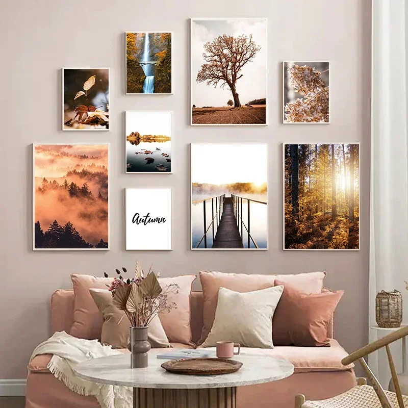 Nature Autumn Wind Deciduous Gorest Mist Lake Waterfall Scenery Wall Art Print Canvas Painting Posters for Living Room Decor