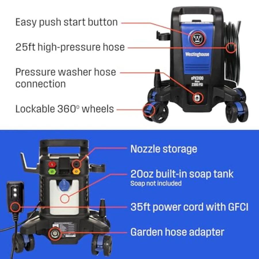 High-Performance Electric Pressure Washer with Anti-Tipping Technology for Outdoor Cleaning Applications Offers 2300 Max PSI an
