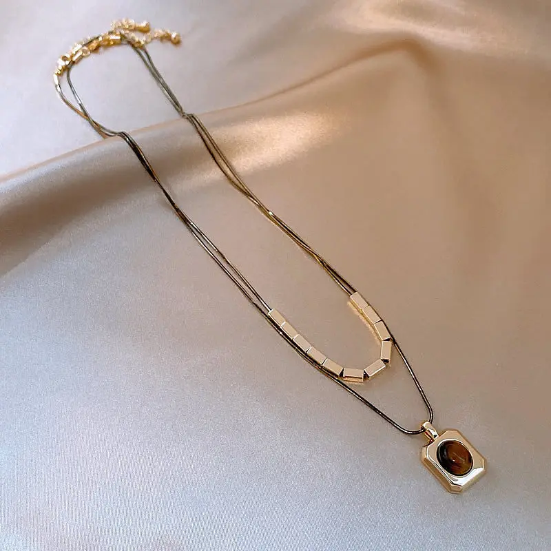 Schwarzgoldfarbene Doppelschichtige Tigerauge-Stein-Anhängerkette für Damen, Herbst-/Winter-Pulloverkette, Schmuckzubehör-Set – Detail 14