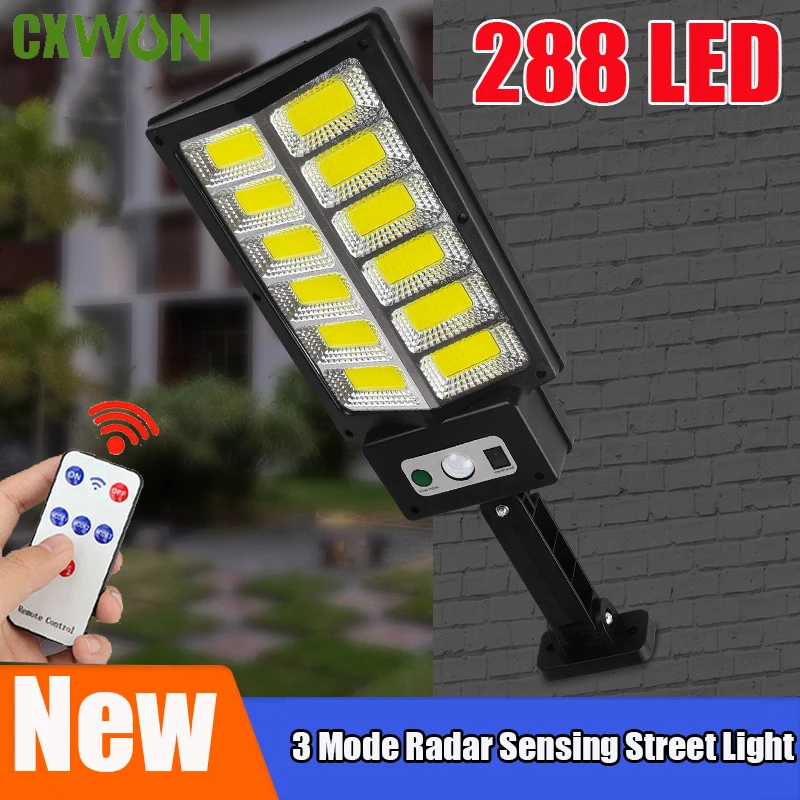 Luz Solar superbrillante para exteriores, lámpara de iluminación de Jardín Grande, impermeable, de pared, 3 modos de detección de Radar, farolas con Control, 288LED