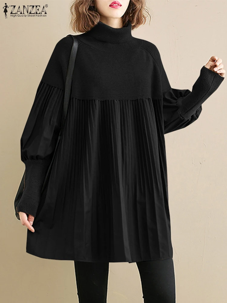 

ZANZEA 2025 Colorblock Pleating Blouses Fashion Stand Collar Pullover Holiday Spring Long Puff Sleeve Shirt Women Retro Tunics