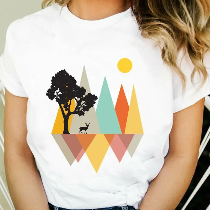 Fashion Creative Geometric Landscape Pattern Women's Short Sleeve T-shirt Summer Casual White Base T-shirt Vintage Clothes