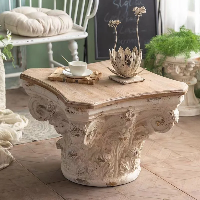 French vintage solid wood coffee table creative decoration carved Roman column side table for living room