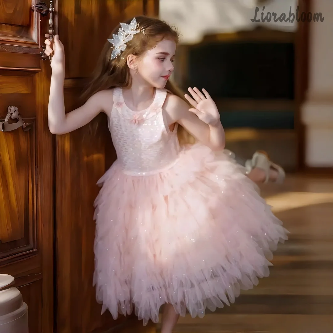 

Girls' Pink Halter Dress Floral-Embroidered Mesh Flower Girl Gown Layered Voluminous Party Dress Wide Flared Wedding Attire