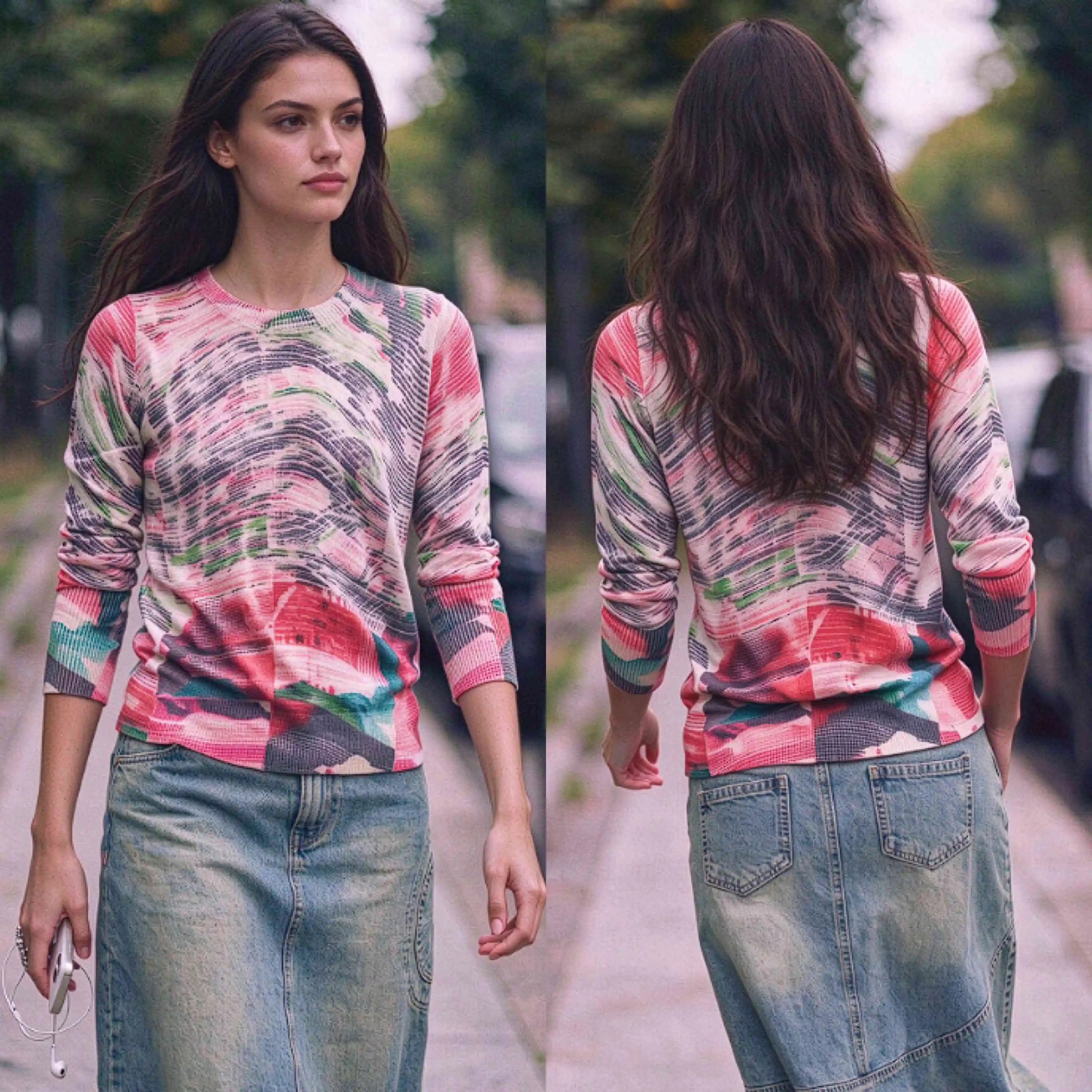 2026 New Spain Original Single Curved Ripple Dyeing Printed Round Neck Long Sleeve Knitted Sweater