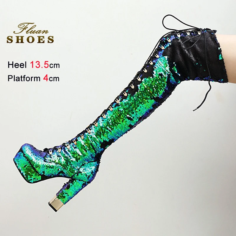 

Зимние зеленые женские ботфорты с пайетками, на толстом каблуке 13,5 см, платформе 4 см, с круглым носком, на молнии и шнуровке, CD