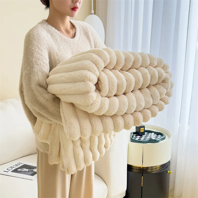 

Warm Rabbit Plush Blanket Thick Winter Throw Soft Solid Color Cozy Lap Blanket for Sofa Office Nap Bed Small Size Comfort Home