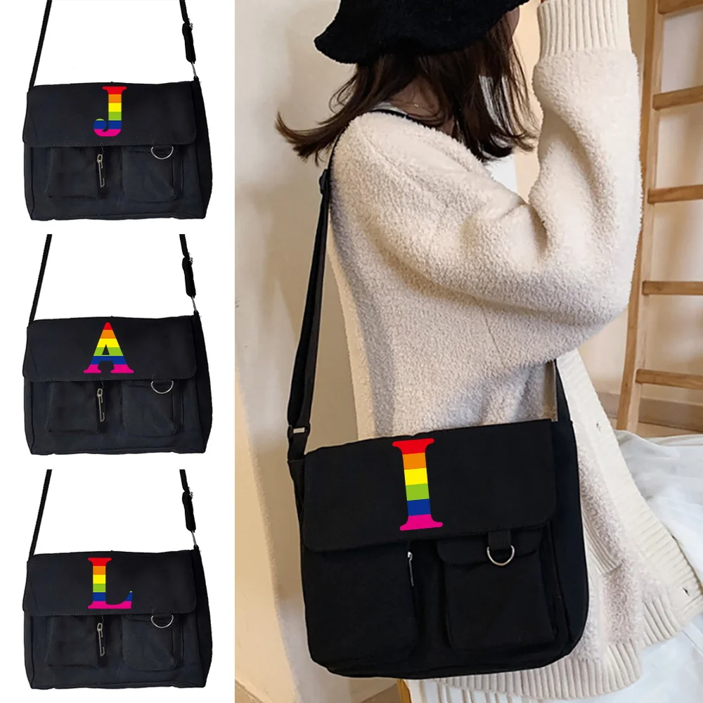 2026 Women Canvas Messenger Bags Casual Version Wild Shoulder Crossbody Bag Rainbow Print Postman Case Shopping Packet Organizer