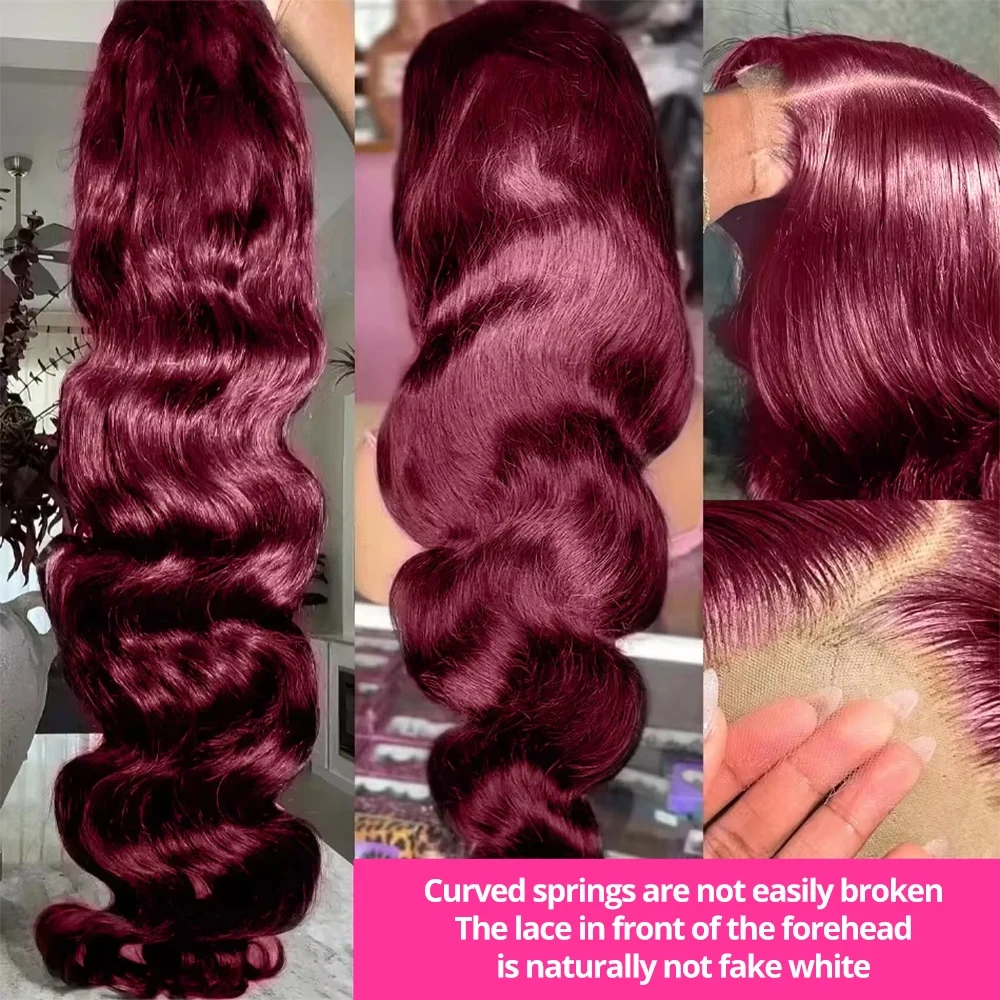 Perruque Lace Front Wig Body Wave Naturelle, Cheveux Humains, Rouge Bordeaux 99J, 13x6 HD, Pre-Plucked, Densité 200, 52 Pouces