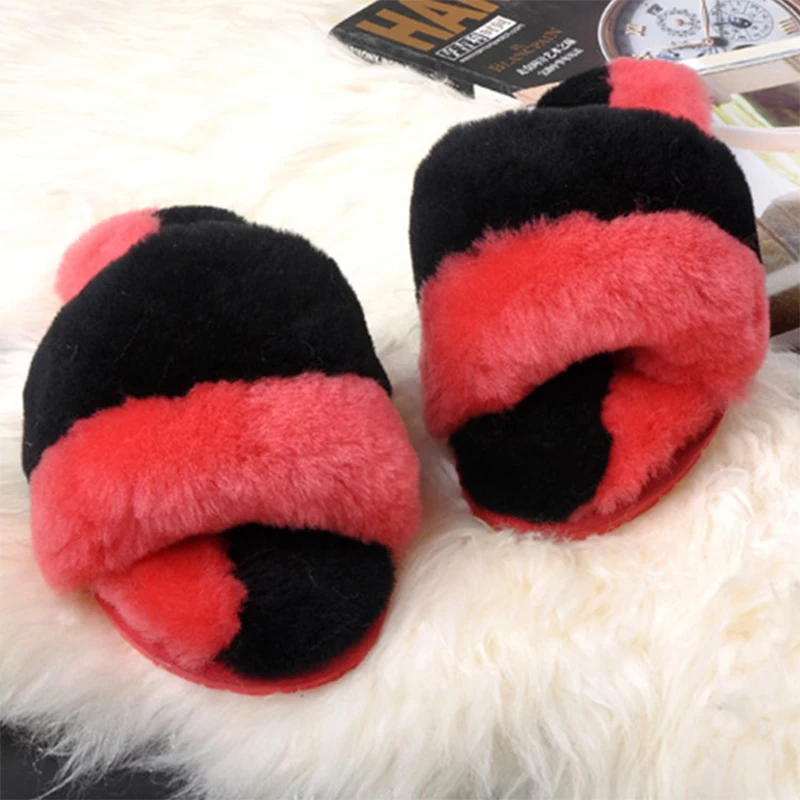 

Женская повседневная домашняя обувь из натуральной овчины, меховые тапочки, модные зимние женские домашние тапочки с цветными блоками, теплые шерстяные домашние тапочки