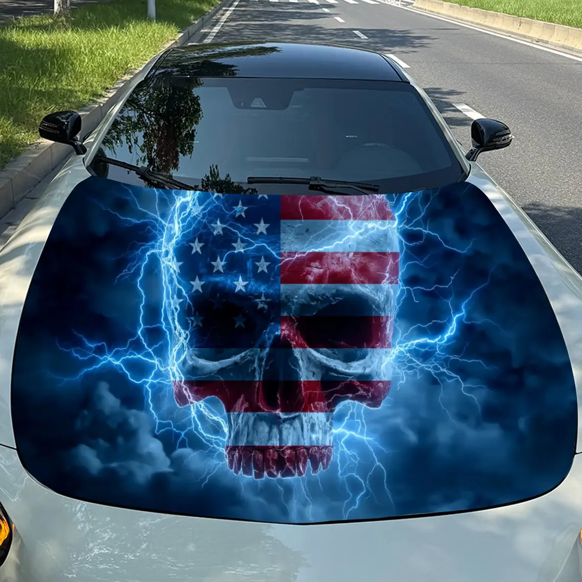 

National Flag Skull Car Hood Sticker PVC Self Waterproof Stick, Striking Auto Exterior Accessories Decor Protect Gift for Lover
