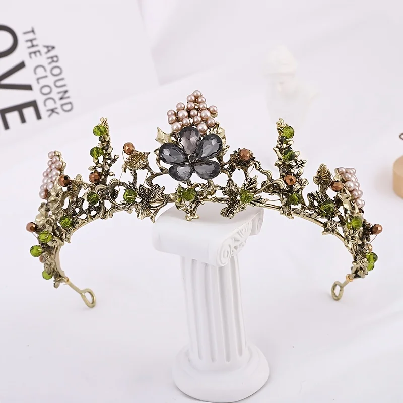 Vintage Grape & Leaf Bridal Tiara  Bronze Floral Crown with Green Crystals  Woodland Wedding Headpiece for Brides
