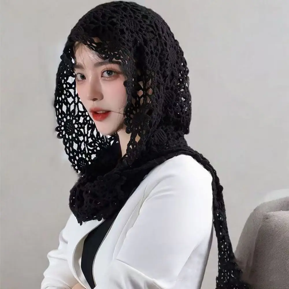 

Simple Flower Hollow Out Crochet Shawl Thin White Lace Scarf Clothes Decoration Korean Style Hooded Scarves Spring