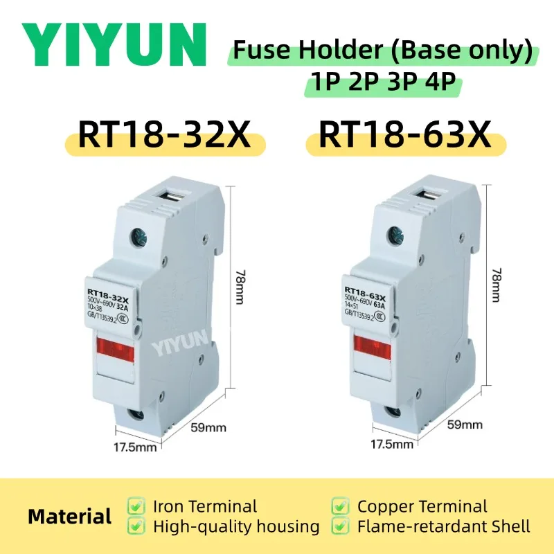 1PC RT18-63X RT18-32X 1P 2P 3P 4P 32A 63A Fuse Holder Base Shell Only For 10x38mm 10*38 500V-690V Iron / Copper Terminal