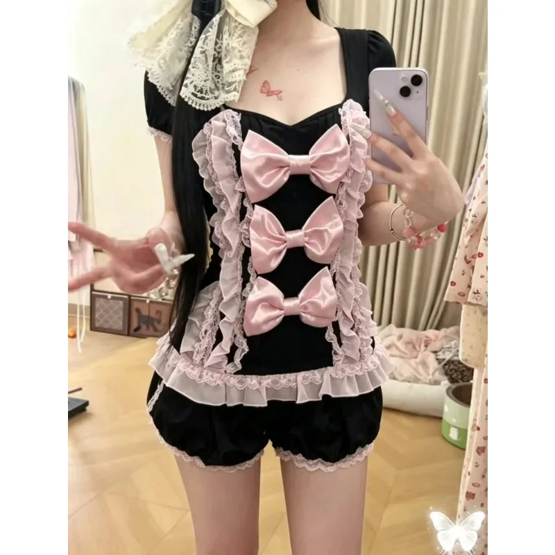 Japanese Vintage Outfits Summer Spicy Girl U-neck Short Sleeved Bow Top Sweet Waist Shorts Casual Y2k Subculture 2pcs Ropa Mujer