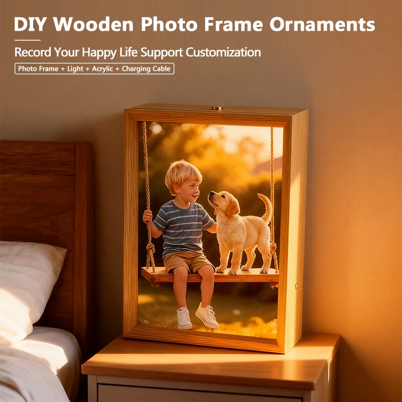 Wooden Luminous Photo Frame DIY Special Photo Frame Hollow Picture Frame Self-made Luminous Belt Atmosphere Light