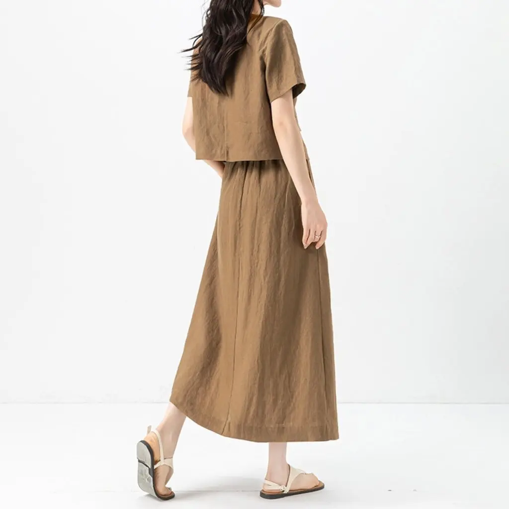 

Xinge Women's Linen Relaxation Suit Summer Thin Casual Loose Short-Sleeved Jacket with Slimming Skirt