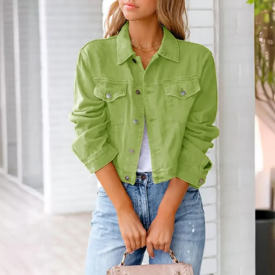 

Simple Design Women Women's Cropped Denim with Pockets Casual Button-down Long Sleeve Coat Stylish Fall Spring